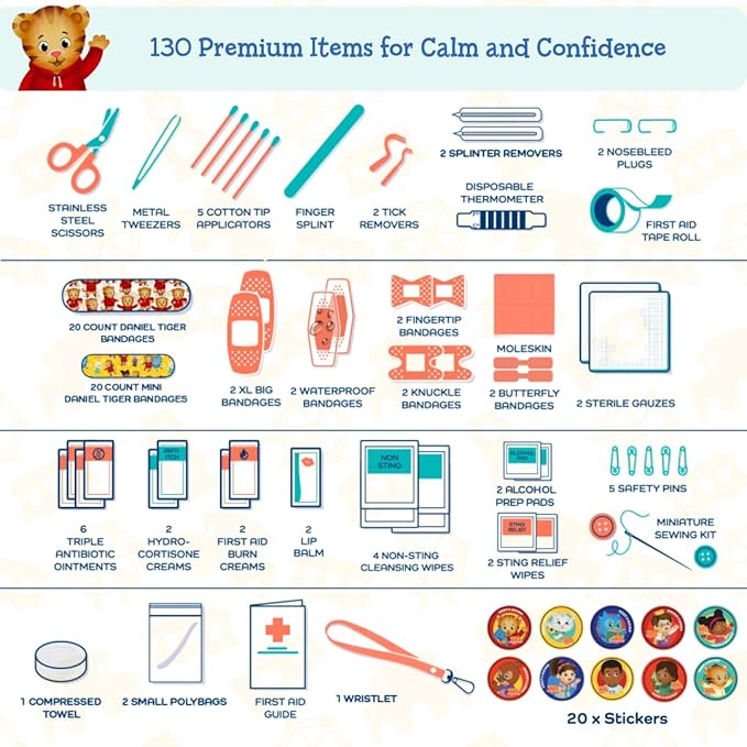 KeepGoing Daniel Tiger’s Travel First Aid Kit for Kids – 130 Pc. for Car, Home, Purse, Diaper Bag & Backpack with Latex-Free Bandages - Mini First Aid Kit Travel Size TSA-Approved