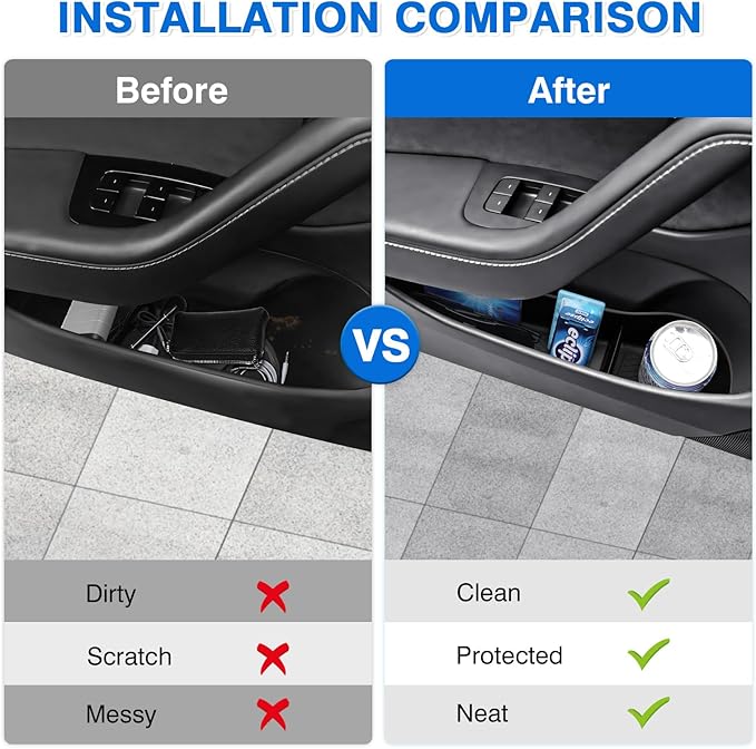 Canvcle Door Side Storage Box and Trash Can for 2024 2025 2026 Refresh Tesla Model 3 Highland Accessories Front Rear Door Insert Slot Storage Tray Organizer Protector Garbage Bin with Trash Bags 6PCS