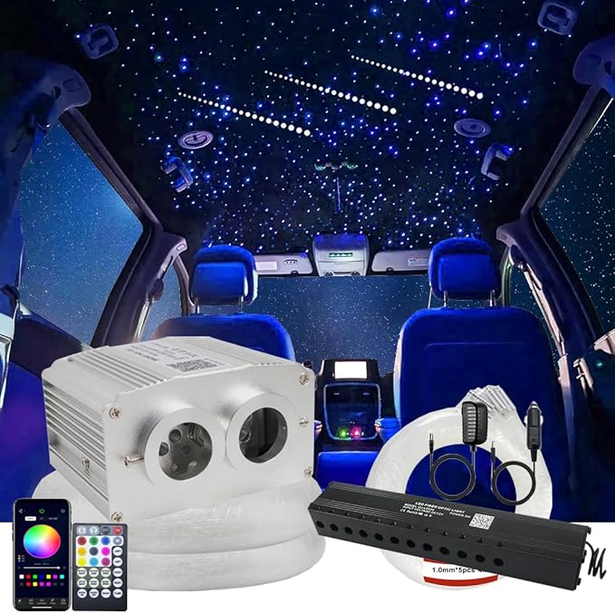 AZIMOM Dual Port 16W Twinkle Bluetooth Fiber Optic Starlight Kits 900pcs0.03in9.8ft Fibers Strands Meteor Shooting Star Sound Activated RGBW APP/Remote for Car Home Ceiling Headliner Decor