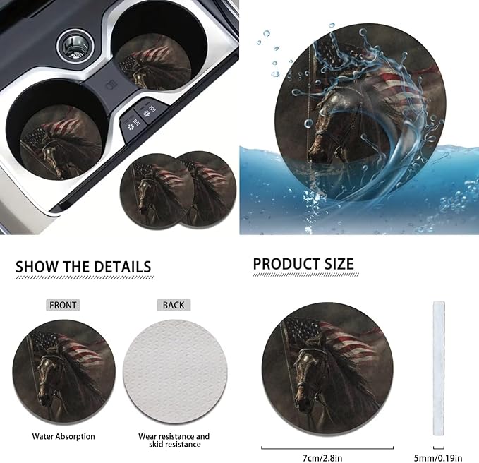 FKELYI Horse Auto Anti-Slip Steering Wheel Protector and Front and Back Seat Covers, Soft Polyester Headrest Cover, American Gear Shifter Knob and Handbrake Cover, Cup Coasters