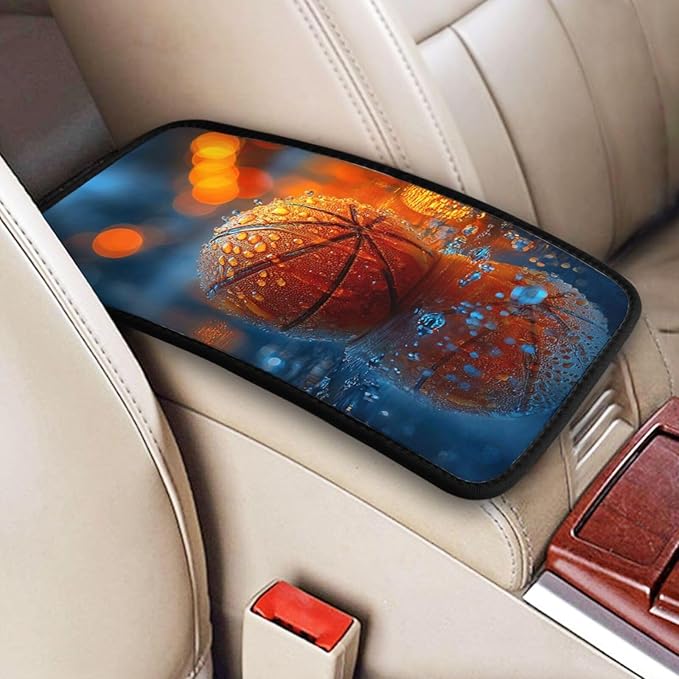Universal Car Center Console Cushion Pad, Basketball in The Rain Soft Waterproof Car Center Console Cover Auto Armrest Seat Box Cover Protector for Most Vehicle SUV Truck Car