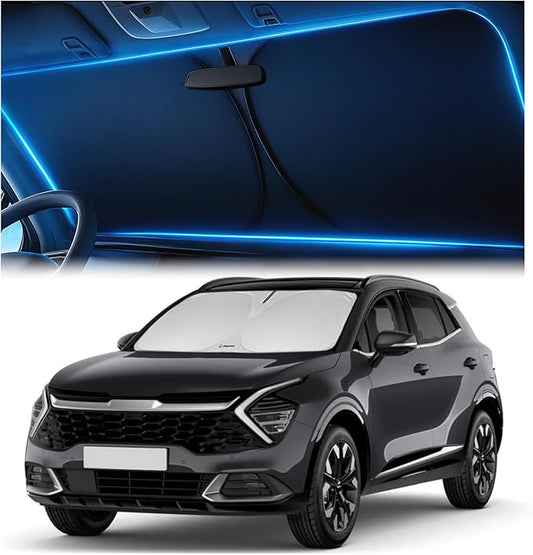 Windshield Sunshade for Kia Sportage 2023 2024 2025 2026 - Innovative No-Light-Pass Technology, Mirror Cut-Out, Blocks 99% UV Rays, Fade-Resistant, Easy-Fold Sportage Windshield Sun Shade