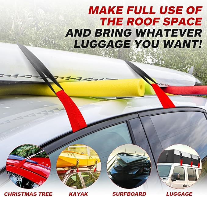 6 Rooftop Cargo Tie Down Hook Straps-Secure Any Car Roof Bag, Roof Rack Cargo Carrier,or Car Top Carrier,Durable and Solid, No Roof Rack Required, Compatible with Most Cars - Registered Patent (red)