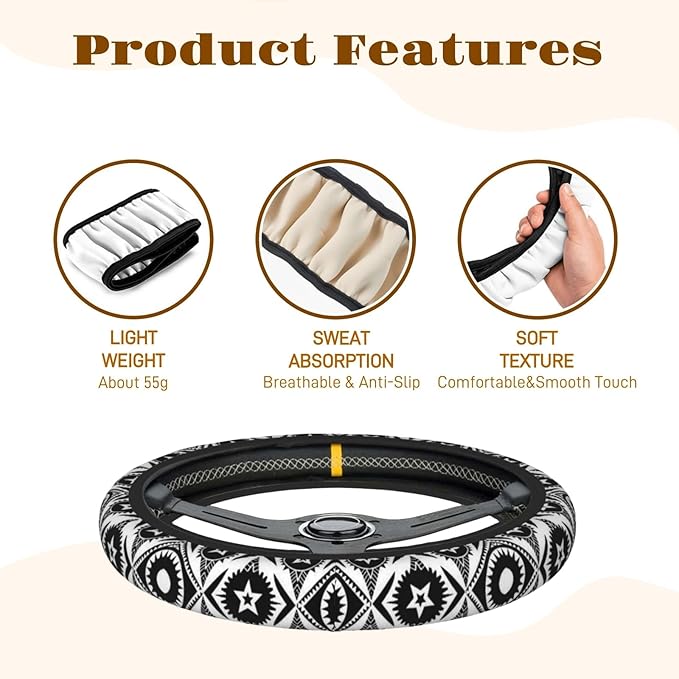 Steering Wheel Cover Accessories Neoprene Cover, Breathable Non-Slip Easy to Install Suitable for Women Men, 14.5-15.5 Inch for Car SUV Van Truck Universal - Boho Art