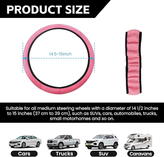 Elastic Stretch Car Steering Wheel Cover, Comfortable Steering Wheel Cover Universal for 14.5-15 Inch, Warm in Winter & Cool in Summer, Anti-Slip Breathable Ice Silk (Pink)