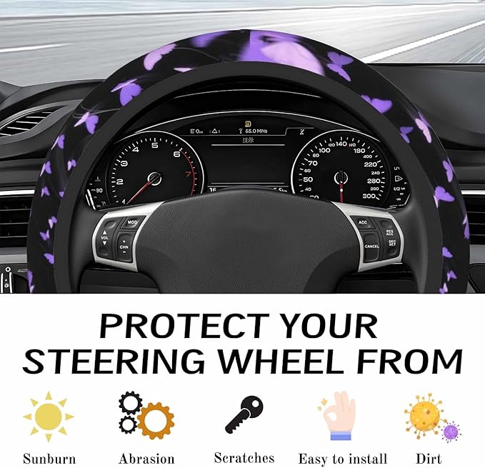 Steering Wheel Cover Accessories Neoprene Cover, Breathable Non-Slip Easy to Install Suitable for Women Men, 14.5-15.5 Inch for Car SUV Van Truck Universal - Butterfly