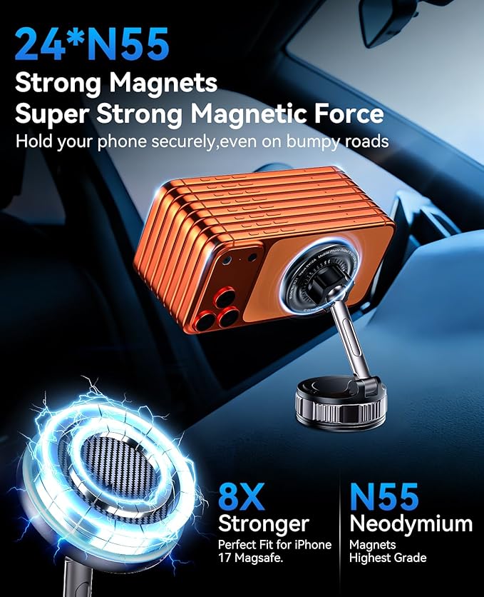 ILOUYU iPhone Car Mount Charger [15W Fast Wireless Charging, 120+ LB Strongest Suction & 2800gf Strongest Magnetic] 360° Adjustable Car Phone Holders for Your car, for iPhone 17 16 15 14 13 12 Series