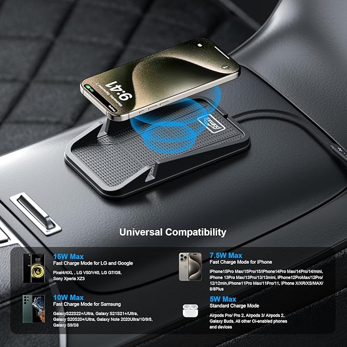 Wireless car Charger Charging pad,POLMXS No-Slip Wireless Phone Charger for car Cell Phone Cordless Charging mat Compatible with iPhone 16/15/14/13/12 Galaxy S23 S22 S21 Note10(C17)