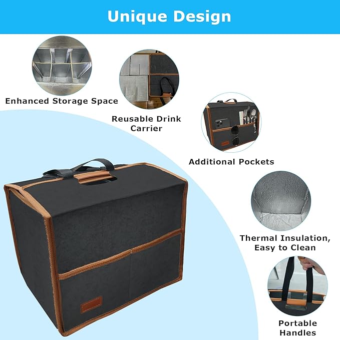 6 Cup Drink Carrier with Handle, Reusable Insulated Cooler Drink Caddy for Car Cup Holder, Foldable Coffee Carrier Bag with Adjustable Dividers, Portable for Car, Travel, Picnic Party, Food Delivery