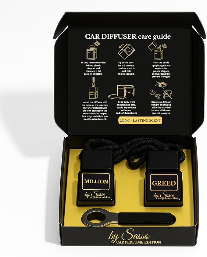 Car Diffuser Duo “Greed & Million” – Inspired by Iconic Men’s Perfumes – Long-Lasting, Odor Eliminator – Gift Box for Car Lovers - Fragrance By Sasso