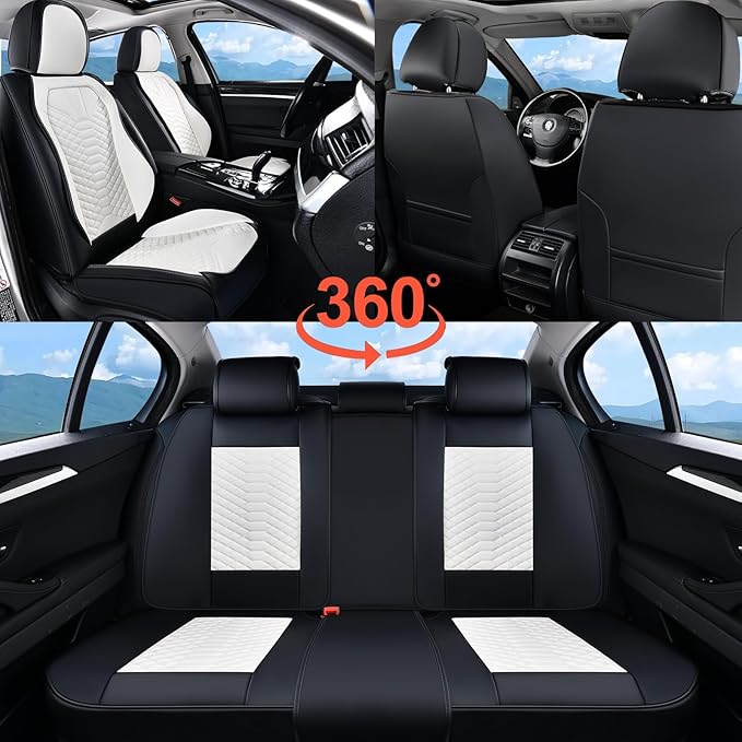 Coverado Leather Seat Covers, Car Seat Covers Full Set, Waterproof Nappa Leather Car Seat Cover, Car Seat Protectors 5 Seats, Black & White Automotive Seat Covers Fit for Most Cars Trucks