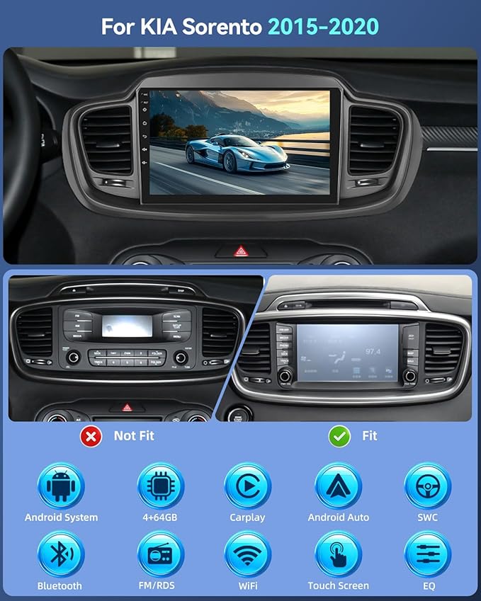 4+64G for KIA Sorento 2015 2016 2017 2018 2019 2020 (with Big Screen) Android Car Stereo with Wireless Carplay/Android Auto - 10 Inch Touchscreen Radio with 32EQ DSP/WiFi/GPS/SWC, AHD Rear View Camera