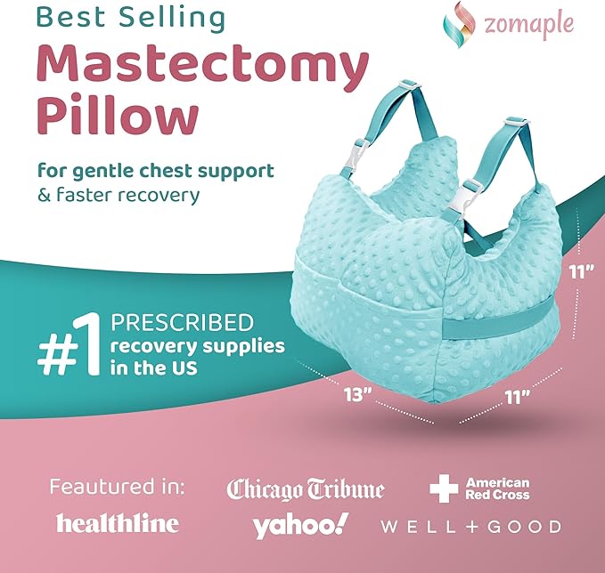 Zomaple Mastectomy Recovery Pillow with Strap, Swirly Gel Pack, Seat Belt Cover & Shower Lan – Post Mastectomy Must Haves, Breast Augmentation/Reduction & Mastectomy Recovery Supplies – Washable Cover