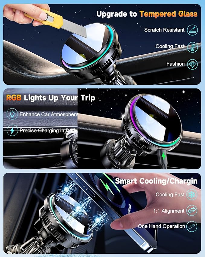 2026 Upgraded TEC & Fan Cooling Magnetic Wireless Car Charger, For 15W Magsafe Car Mount Charger, Air Vent Dashboard Fast Charging Car Phone Holder for iPhone 17/16/15/14/13/12, Samsung ＆ Pixel