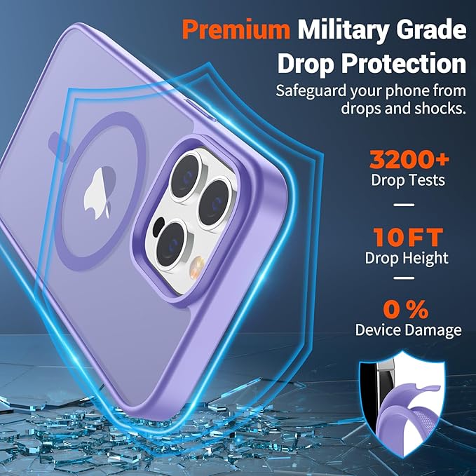 SUPFINE Magnetic for iPhone 14 Pro Case (Compatible with MagSafe) (Military Grade Drop Protection) Translucent Matte Shockproof with Anti-Fingerprint Phone Case,Purple