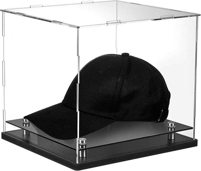 Barydat Clear Hat Display Case 7.8" L x 7.8" W x 8.6" H Crystal Acrylic Baseball Hat Box with Stainless Steel Risers Memorabilia Helmet Display Holder Stand