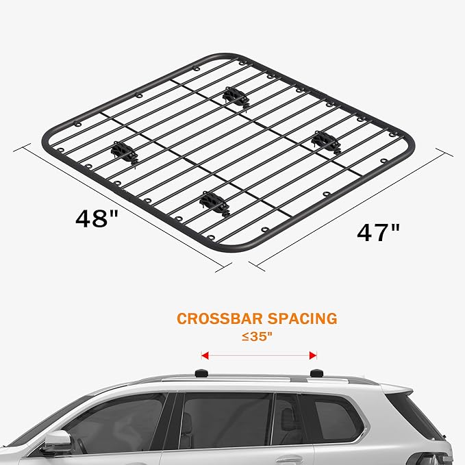 WILDROAD Car Roof Platform, Universal Roof Flat Rack 48" x 47" x 1.3" Heavy Duty Roof Rack Platform with Super Duty Bungee Cargo Net, Ratchet Straps and Anti-Rust Sealant Fits for SUV Truck Cars