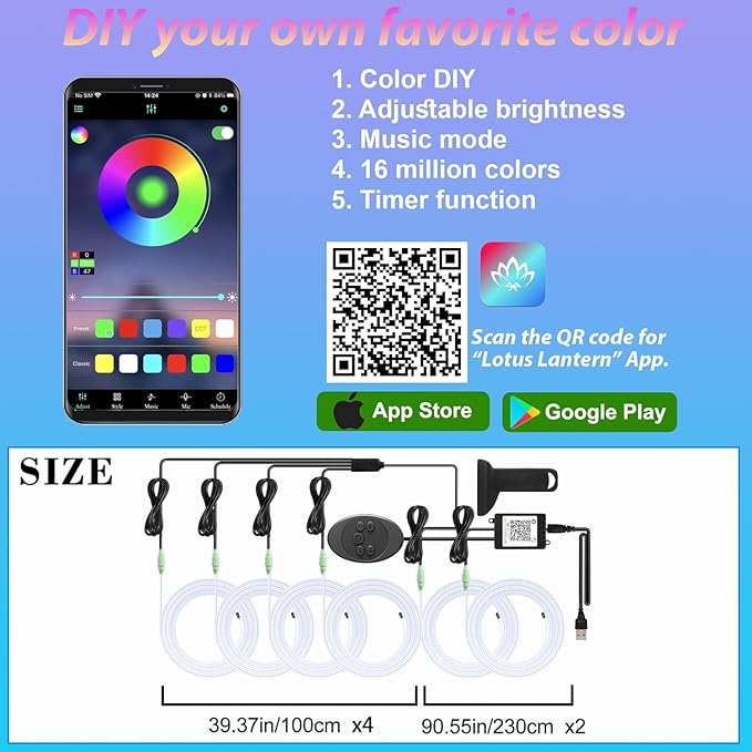 6 in 1 Car Led Strip Lights with App Control, RGB Colors Interior Car Lights, Ambient Led Lighting Kit, 4 Light Flashing Modes, USB Neon Accessories for Doors, Center Console