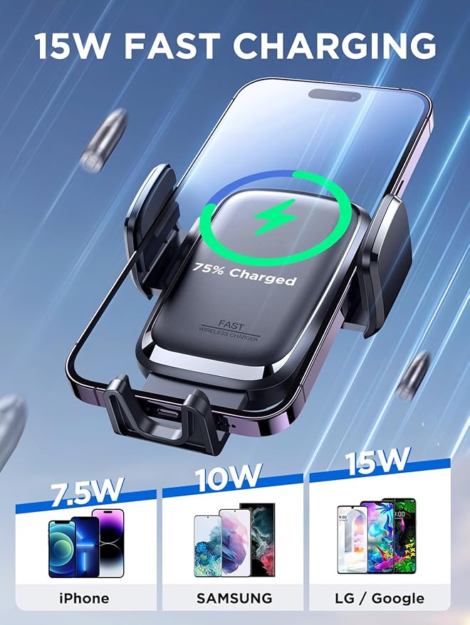 JOYROOM Wireless Car Charger, 15W Fast Charging Auto Clamping Car Phone Holder Charger, Phone Stand for Car Vent Phone Mount for iPhone 17/16/15 Pro Max Air, Galaxy S26/25 Ultra, Pixel 10 Pro and More