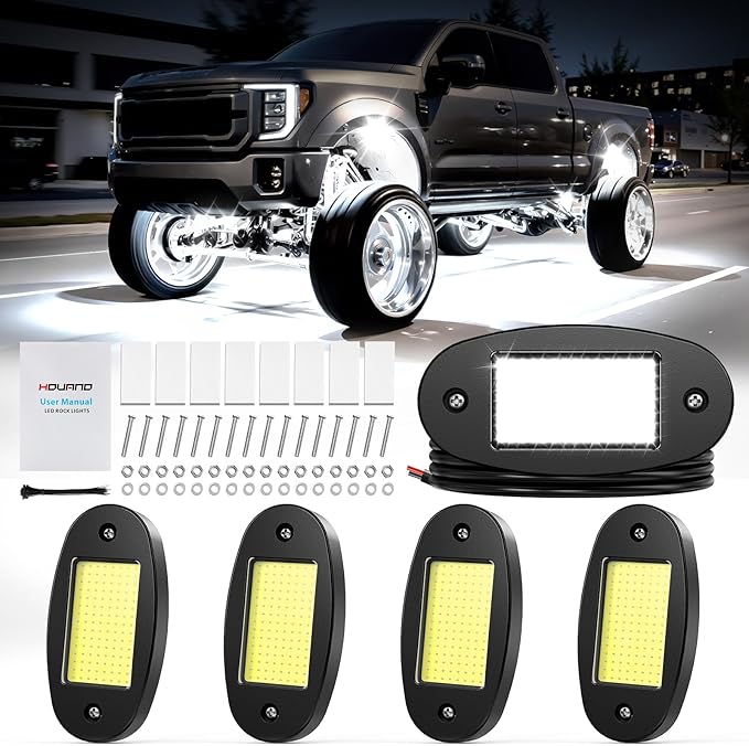 Hovano 4 Pods COB White Rock Lights, 120 COB Chips 6500K Pure White Super Bright Neon Underglow, IP68 Waterproof Shockproof Off-Road Light Kit for Pickup Trucks, SUV, UTV, ATV, RZR, Cars Boats