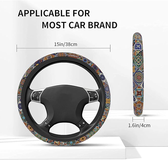 Car Steering Wheel Cover for Women Men, Non-Slip Mexican Talavera Tiles Steering Wheel Protector, Universal 14"-15" Fit for Cars, SUVs, Trucks (Mexican Talavera Tiles)