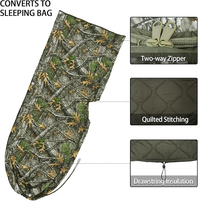 Poncho Liner Hoodie with Pocket Insulated Military Sleeping Bag Water Resistant for Outdoor Camping Travel Survival Hunting Car Emergency
