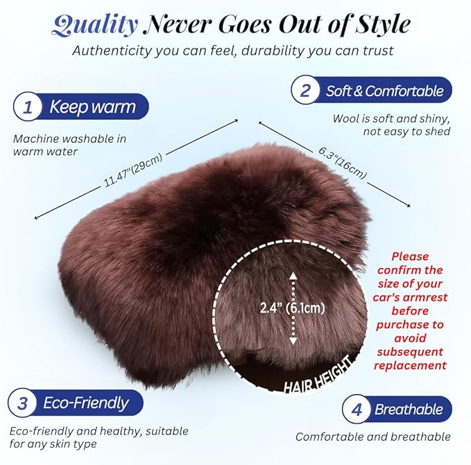 Andalus Brands Pure Australian Sheepskin Fluffy Car Center Console Cover, Luxurious Non-Shedding Furry Arm Rest Cover for Car, Versatile for All Seasons, Mocha - (11.47" X 6.3")