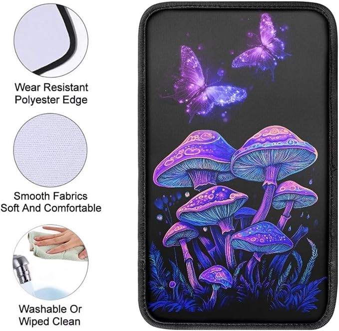 UNICEU Hippie Butterfly Mushroom Car Armrest Cushion Pad Mushroom Car Accessory for Women Men,Comfortable Armrest Seat Box Cover Protector Fit Most Cars Vehicles SUVs