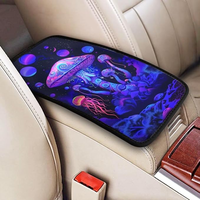 Center Console Cover Mushrooms Style Car Truck Interior Accessories Cute Boho Console Cover Purple Pink Armrest Cushion Pad Universal Fit for Most Vehicle, SUV, Truck