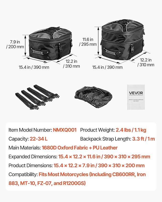 VEVOR Motorcycle Tail Bag, Dual Use Motorcycle Rear Seat Bag with Waterproof Rain Cover, 22-34 L Expandable Outdoor Sports Motorbike Luggage Storage Backpack Handbag with Straps