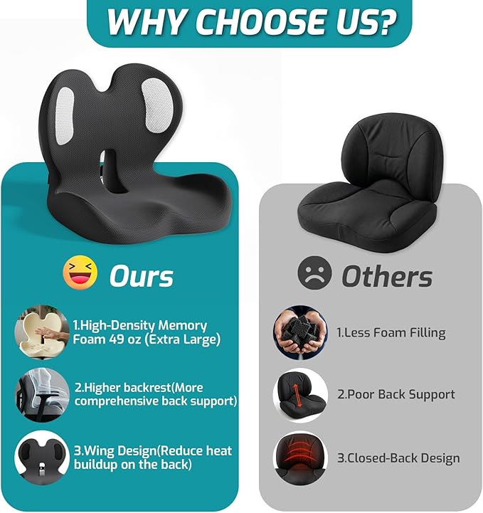 Ergonomic Seat Cushion,Office Chair Cushion with Lumbar Support Pillow,Car Orthopedic Seat Cushions,Designed for Sciatica,Tailbone,Back Pain Relief,for Office,Car,Truck,Home,Desk Chair