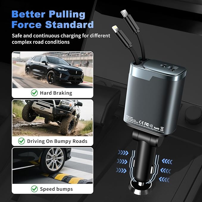 Retractable Car Charger 4 in 1, Car Charger USB C Fast Charge 84W Cigarette Lighter USB Charger, Travel Essentials Car Accessories Gifts for Men Women for iPhone 17 16 15 14 13 12 Pro Max, Samsung