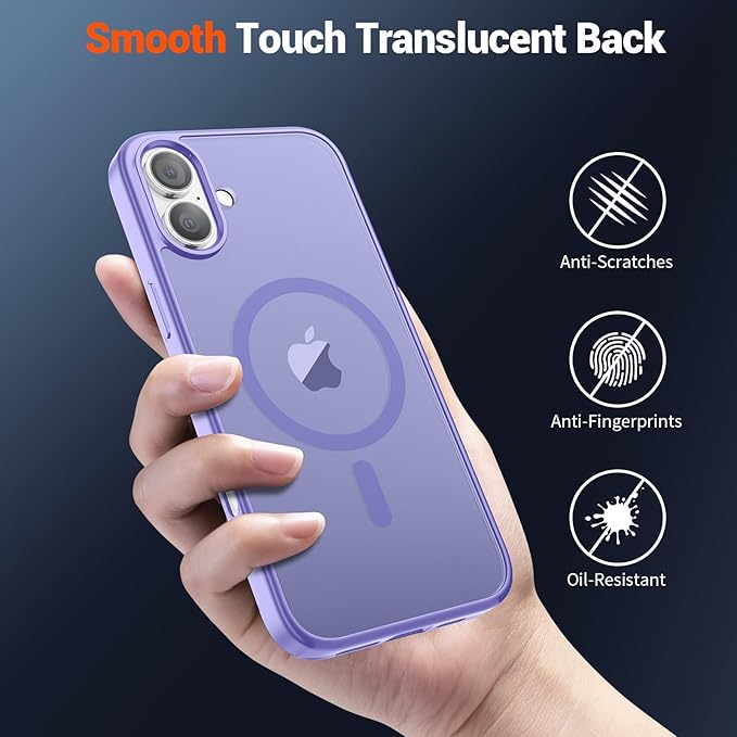 SUPFINE Magnetic for iPhone 16 Case (Compatible with MagSafe) (Military Grade Drop Protection) Slim Translucent Matte Shockproof with Anti-Fingerprint Phone Case,Purple