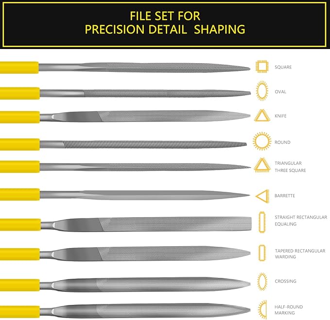 Needle File Set, 10 Pieces Hand Metal Files, Hardened Alloy Strength Steel Set Includes Flat, Round, Half-Round, Triangular, Square, Oval, Crossing, and Barrette File
