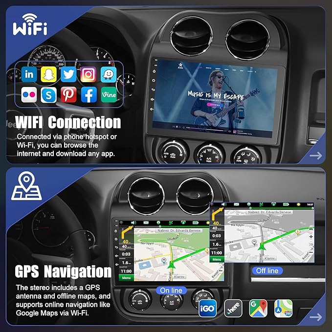 8 Core +64GB Car Radio for Jeep Compass Patriot 2010-2016,10.2 Inch QLED Touchscreen with Carplay&Android Auto,Support Bluetooth,Back-up Camera,FM Radio,SWC,GPS Navigation