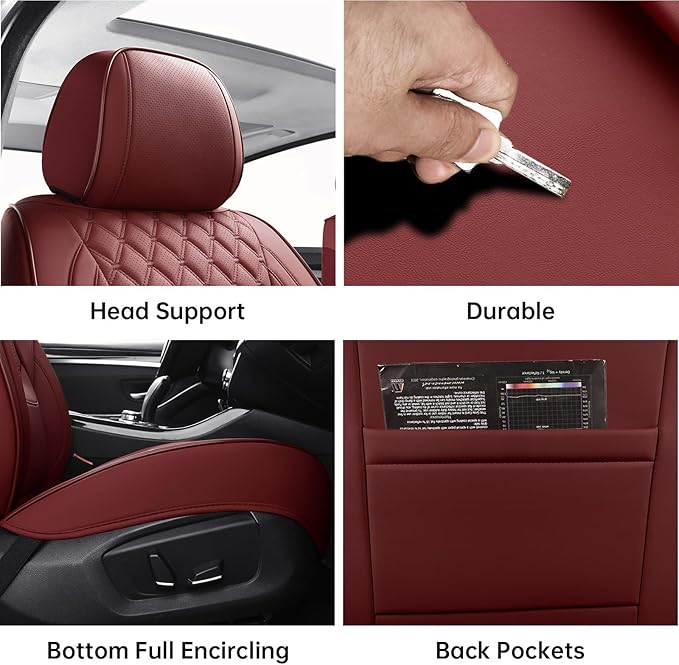 Car Seat Covers Full Set Burgundy, Luxury Faux Leather Waterproof Women Non-Slip Seat Protector Universal Fit for Most Cars SUVs Trucks Pick-ups Car Accessories Interior (Wine Red-Full Set)