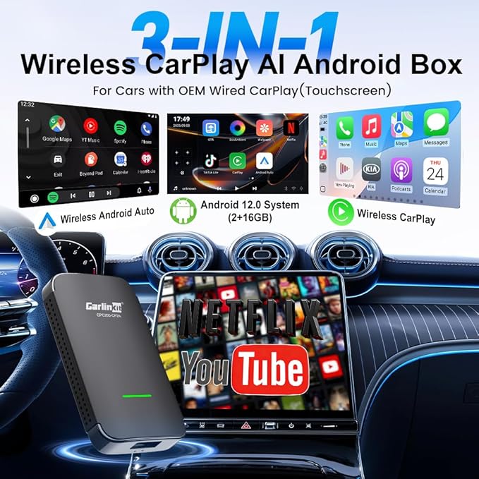 Carlinkit Wireless CarPlay & Android Auto Adapter CP2A PRO 3-in-1 Android(2+16G) System for OEM Wired CarPlay Cars, Support Netflix/You Tube/TikTok Lite, with USB-A/C from 2016 & iOS 10+/Android 11.0+