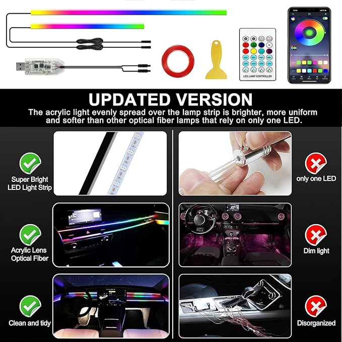 Interior Car LED Strip Lights,Acrylic LED Lights for Car with Dynamic Dreamcolor Chasing,57in USB 2 in 1 RGB Neon Strip Fiber Optic LED Ambient Lighting Kits with Remote APP,for Inside car Decorations