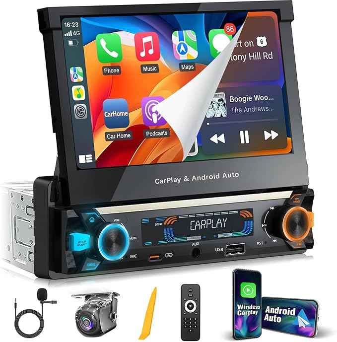 【SOOEMAKA】 Single Din Touchscreen Radio with Wireless Carplay&Android Auto,7 inch QLED Motorized Flip Out Car Stereo Upgrade PD/QC 3.0 Type-C Fast Charging/Dual WiFi/Bluetooth 5.1/AM/FM/DSP (Flip)