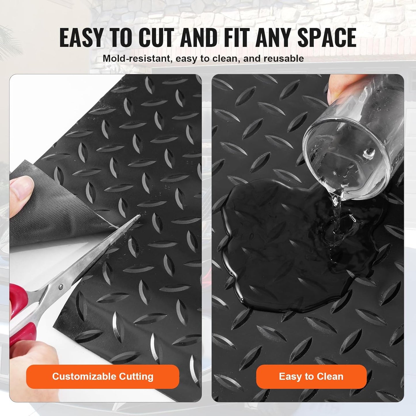 VEVOR Floor Mats, 2 Rolls x 14.7 x 3.6 Ft PVC Flooring Roll, Non-Slip Diamond Texture, 123.14 sq.ft Covering Space, Black Mats for Under Cars, Garage Industry Gym