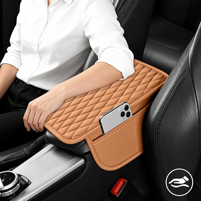 Car Armrest Cushion Pad, Leather Vehicle Center Console Cover with 2 Storage Bags, Non-Slip Automotive Interior Arm Rest Seat Box Cover Accessories, Universal for SUV RV Sedan (Orange)