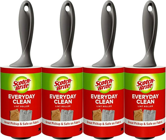 Scotch-Brite Everyday Clean Lint Roller, Scotch Brand Adhesive, Pet Hair & Lint Remover for Clothes, Furniture & Car, 4 in x 54.2 ft Each, 4 Pack, 380 Sheets Total