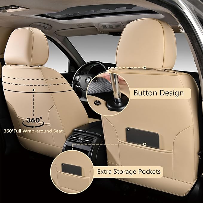 FLORICH Automotive Seat Covers, Beige Car Seat Cover Full Set, Luxury Faux Nappa Leather Automotive Seat Protectors, Car Seat Cushions Universal Fit for Most Sedans SUVs Trucks - Beige