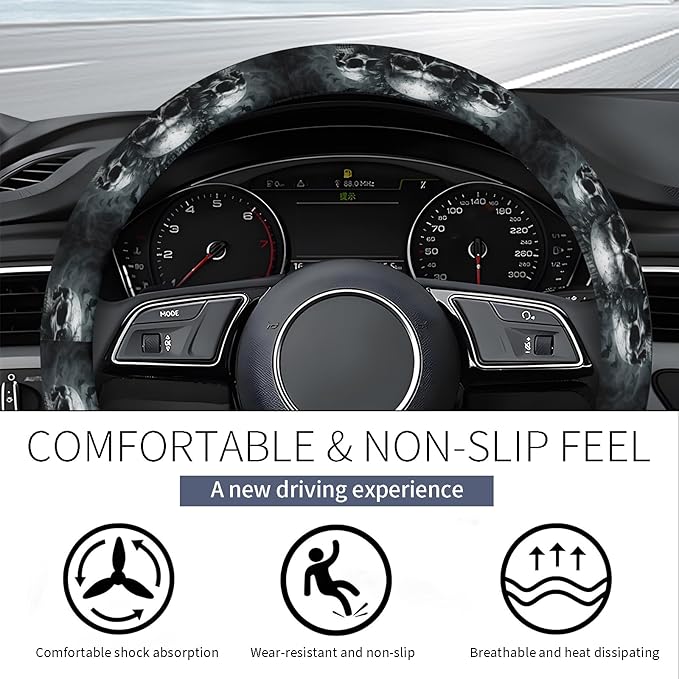 Steering Wheel Covers for Car, Truck, and SUV, Cute Non-Slip Breathable Elastic Steering Wheel, Car Accessories, Universal 15 Inch Leather Cover for Men Women Vantage Skull
