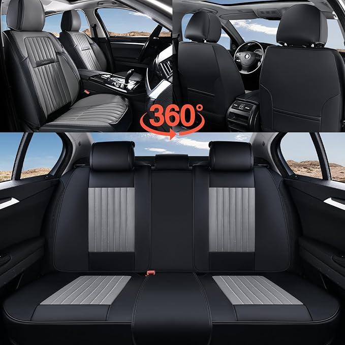 Coverado Car Seat Covers Full Set, Seat Covers for Cars, Car Seat Cover, Car Seat Protector, Leather Car Seat Cushion, Waterproof Car Seat Covers Front Seats and Back Fit for Most Cars(Black&Gray)