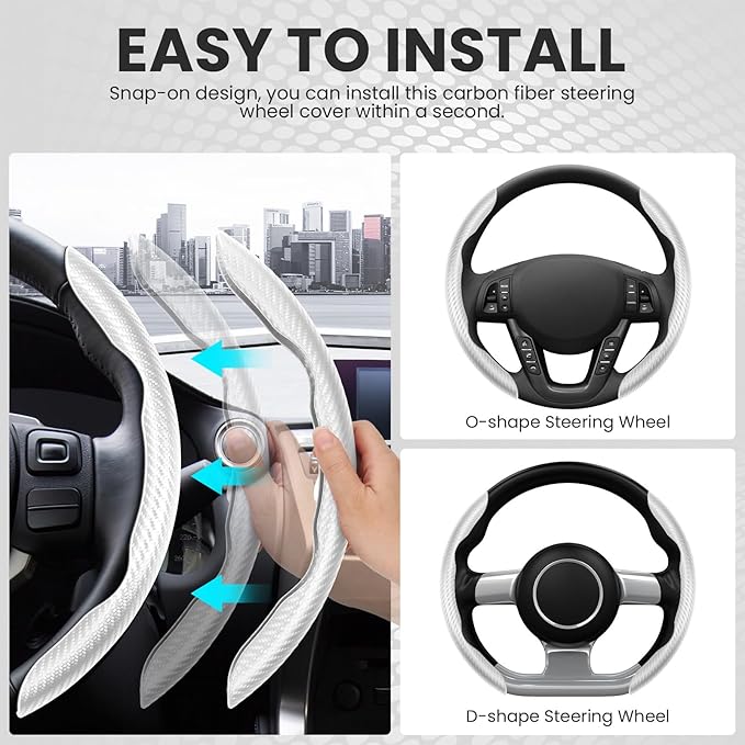 GSPSCN Universal Car Carbon Fiber Steering Wheel Cover Anti-Skid,Butterfly Steering Wheel Cover,Non-Slip Segmented Steering Wheel Protector,Fit for 99% Cars,Car Interior Accessories (White)