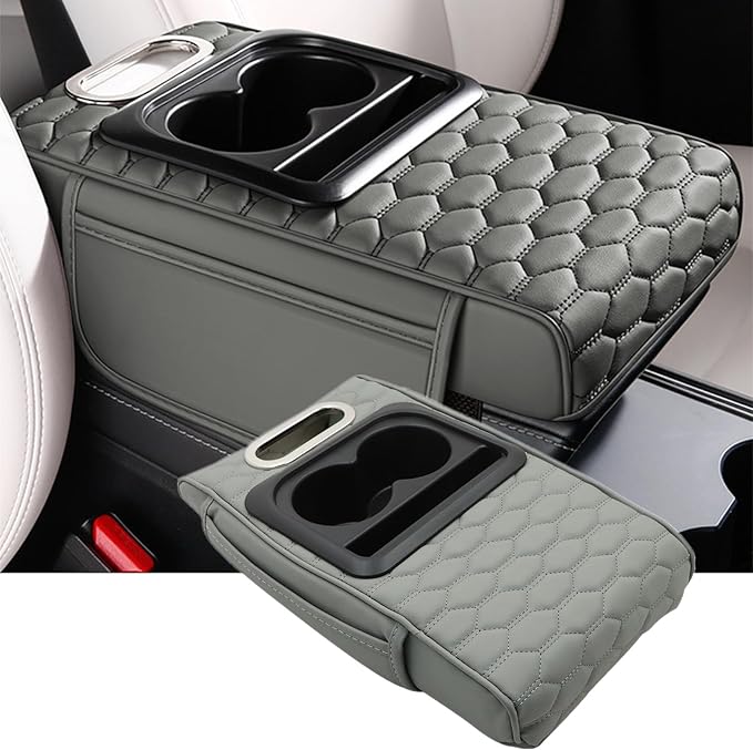 Priprilod Gray Car Center Console Armrest Pillow, Memory Foam with Cup Holder and Cell Phone Holder, Multifunctional Car Center Console Organizer, Universal Fit for Most Car Interior Accessories