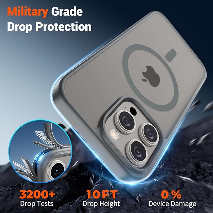 SUPFINE Magnetic for iPhone 15 Pro Case (Compatible with MagSafe) (Military Grade Drop Protection) Translucent Matte Shockproof Phone Case, Gray