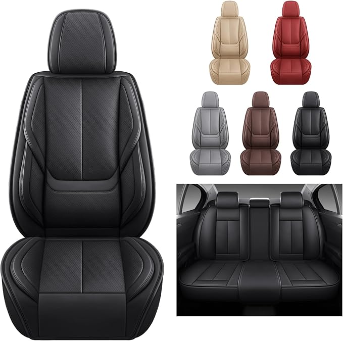 Black Car Seat Cover with Lumbar Support, Car Seat Protector Waterproof, Nappa Leather Car Seat Cushion, Car Seat Covers Front Seats and Back Fit for Most Cars