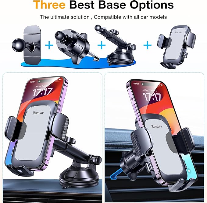 Romuto Phone Holders for Your Car Phone Holder Mount【Super Suction】Cell Phone Mount for Car Accessories for Women Men Windshield/Vent/Dash Truck Stand Desk Mount Clamp Holder for iPhone Samsung Camera